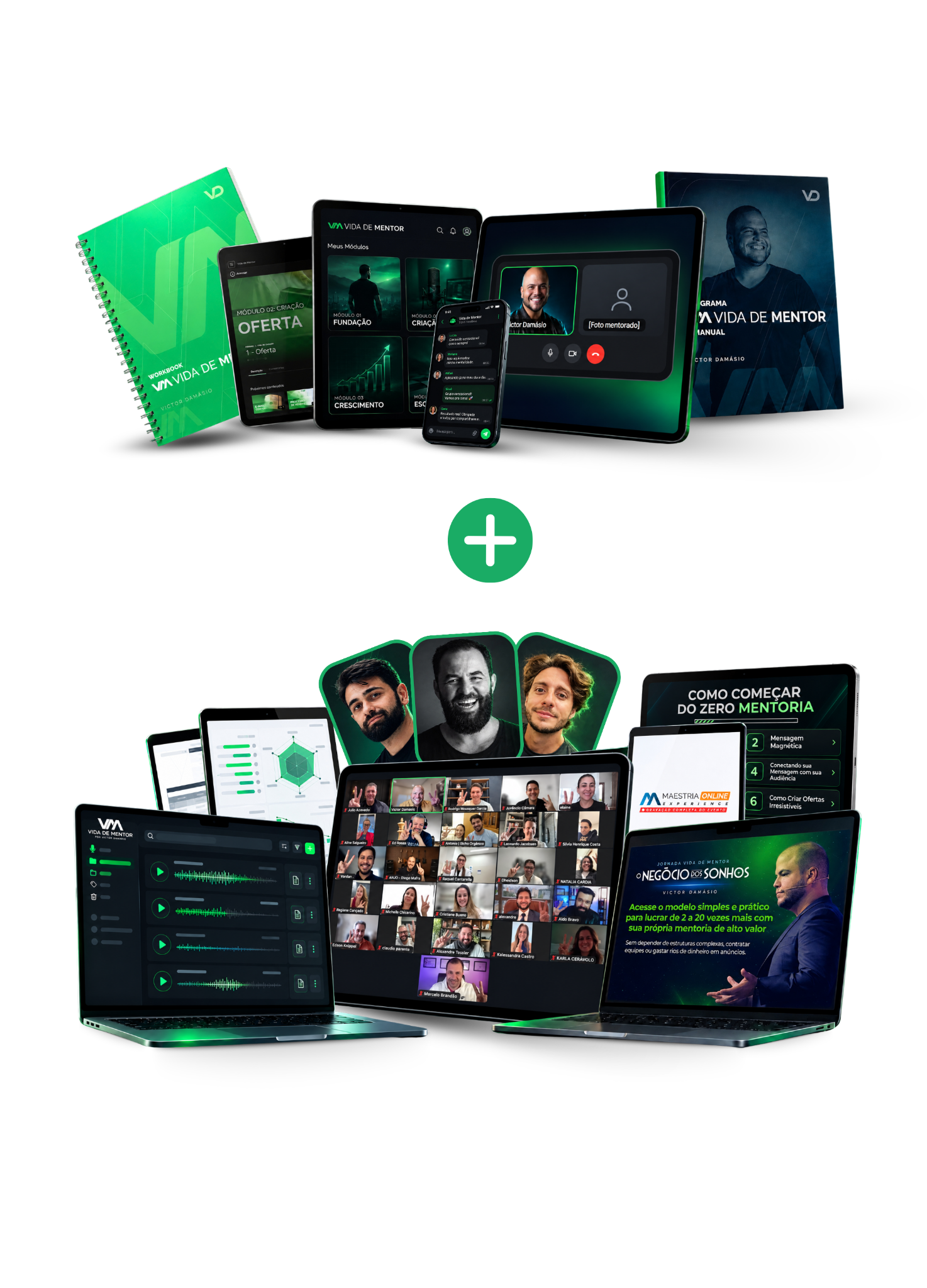 Mockup do Programa Vida de Mentor com materiais, comunidade e mentorias